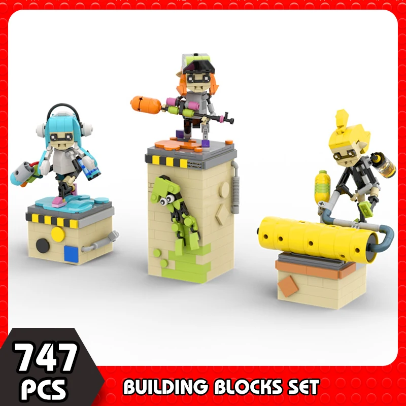 

MOC Game Splatooned 3 Action Figures Inklinged Humanoid Cephalopods Building Toys with Scene Shooting Games Bricks Toys for Kids