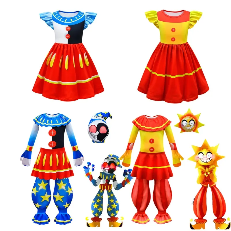 Kawaii Sundrop FNAF Zentai Bodycon Jumpsuit Children Halloween Costume Party Romper Clown Moon Sun Horror Game Cosplay Disfraces