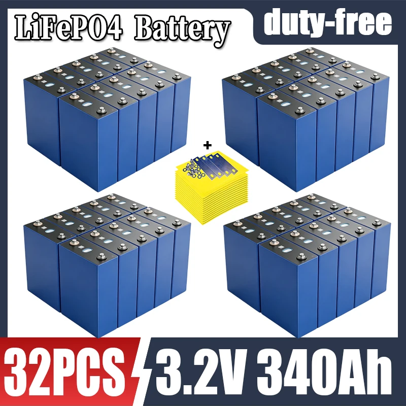 32 batteries LiFePO4 neuves 3,2 V 340 Ah, plus de 10 000 cycles, cellules rechargeables sécurisées avec 3 accessoires offerts, qualité A, pour DIY 12 V 24 V 48 V, pour camping-car, véhicule électrique, énergie domestique, voiturette de golf