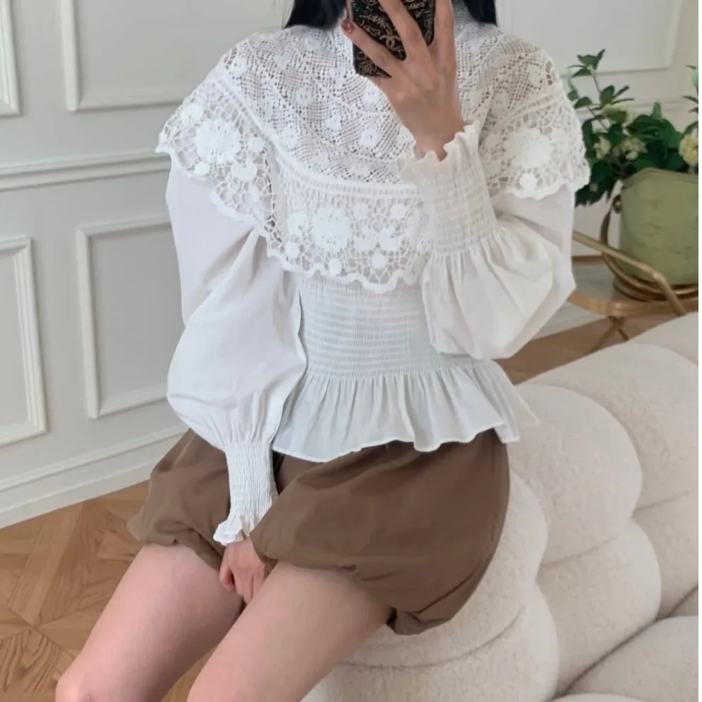 Coreano Sle Chic mujer larga Sve irt pesado bordado encaje empalme dulce corte Sle Top viaje Sle Regular Sve