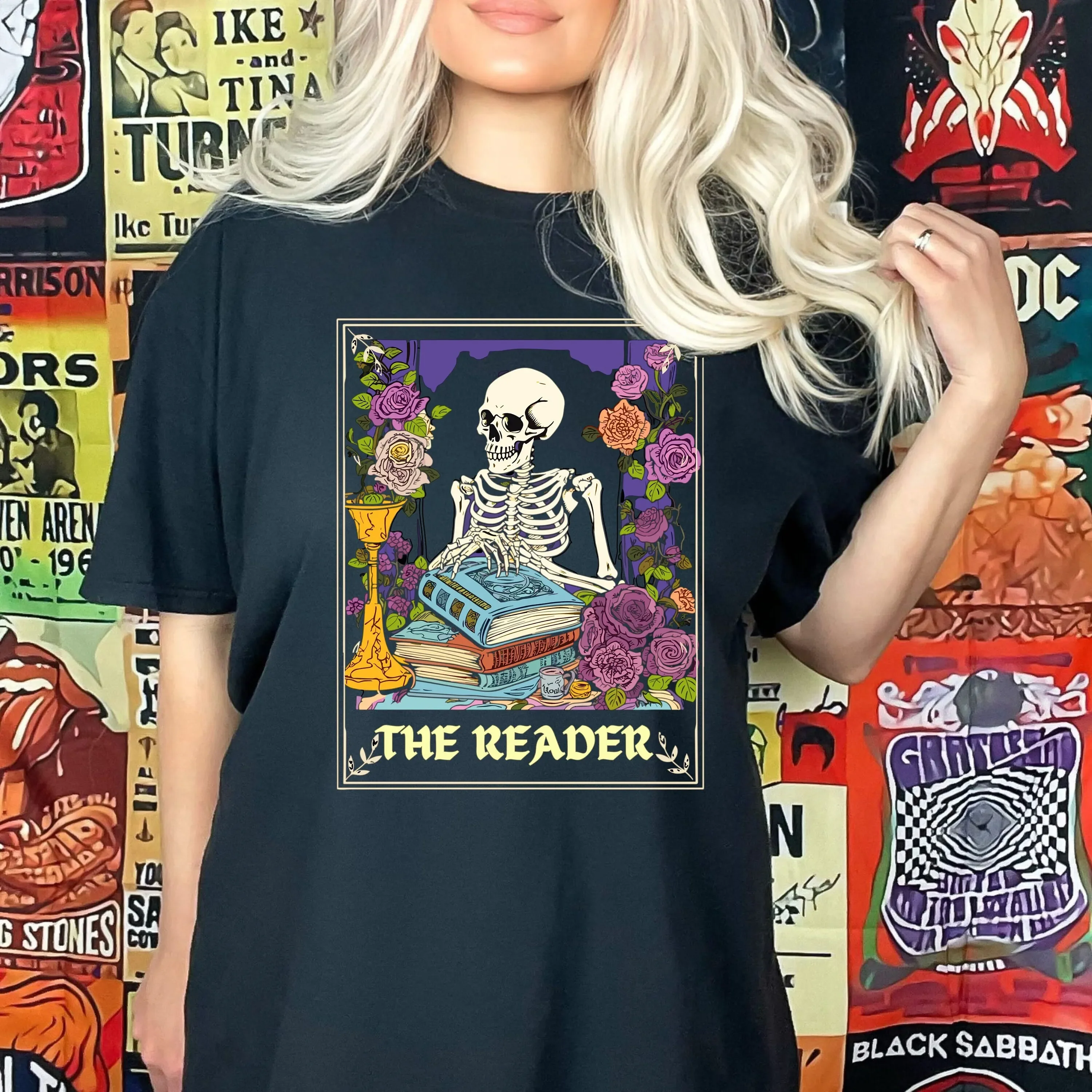 Book T Shirt Tarot The Reader Skeleton Reading Lover Bookish Fortune Teller Librarian