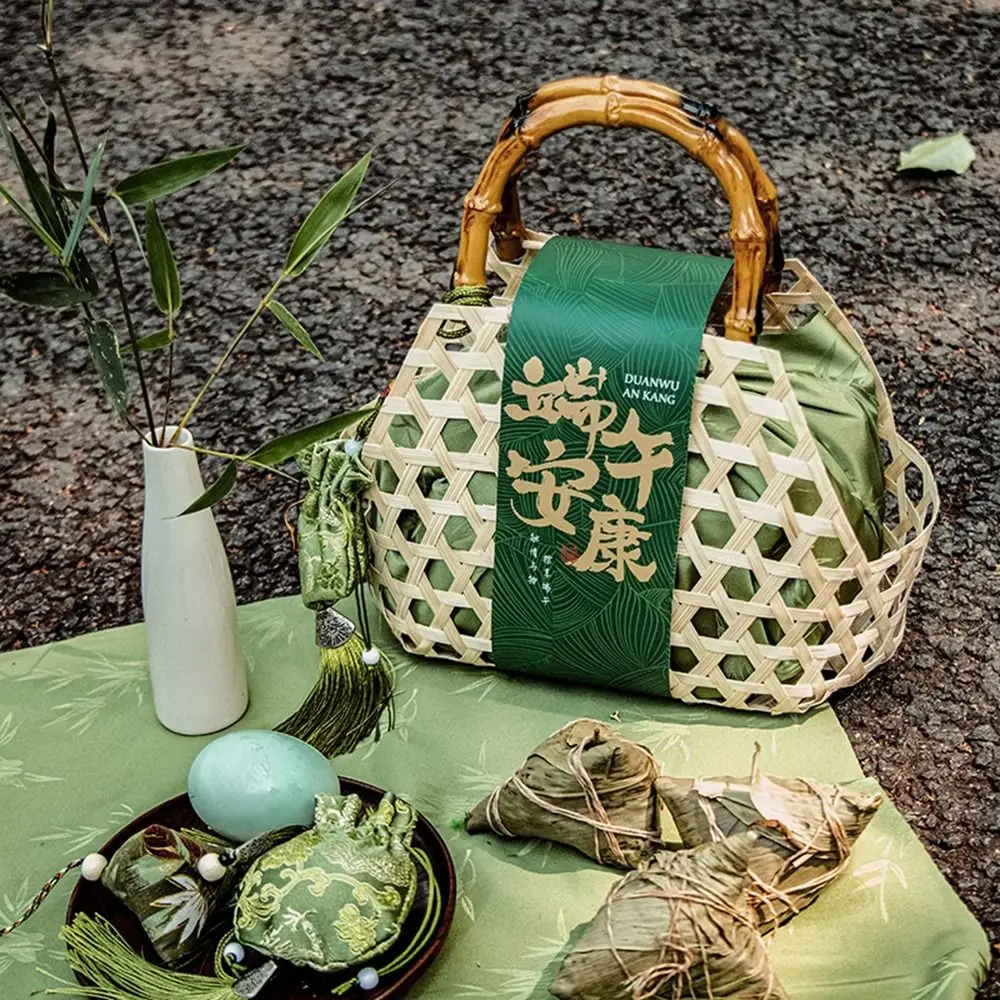 Practical Handmade Bamboo Basket Chinese Style Handheld Gift Packaging Box Empty Zongzi Gift Box for Home