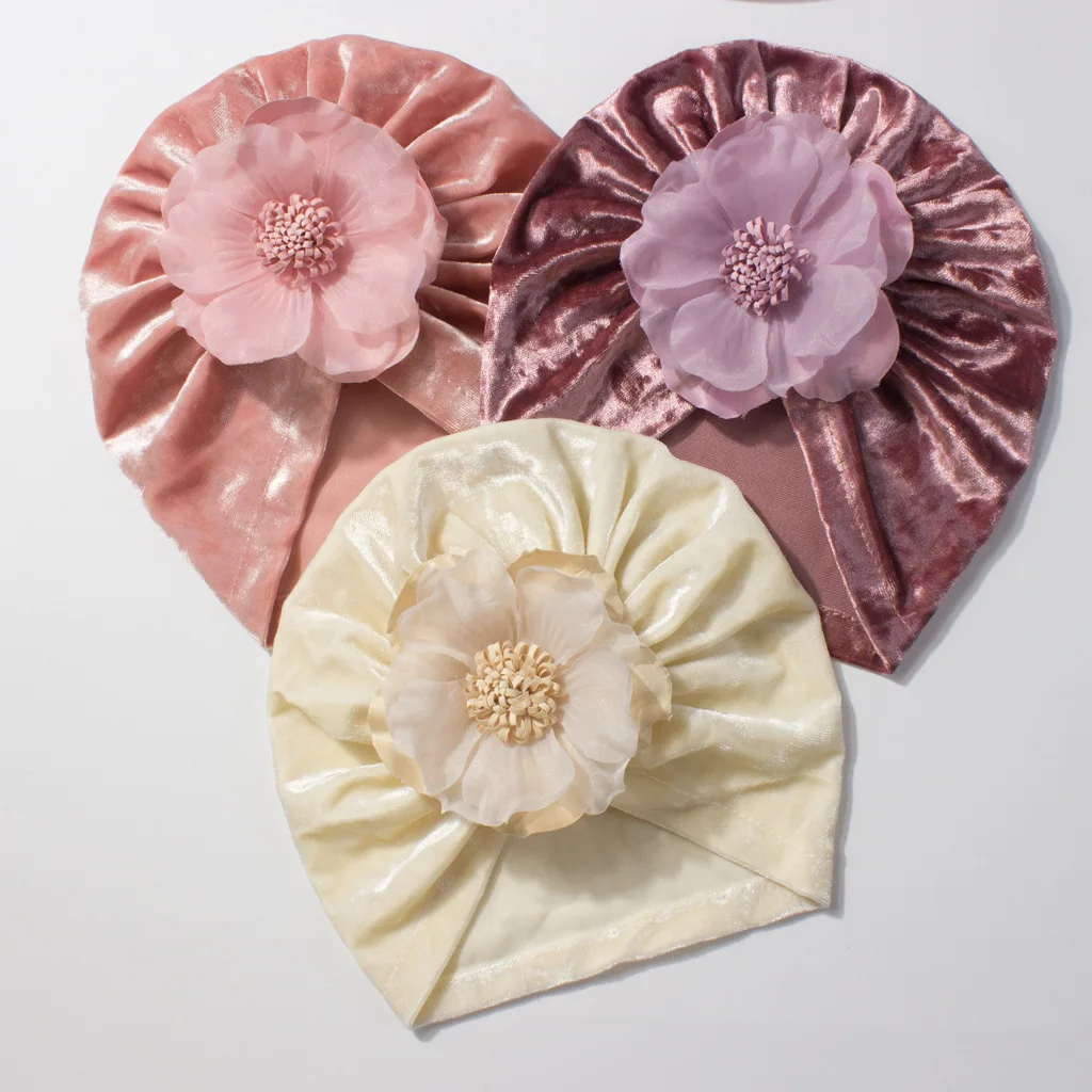 Solid Velvet Baby Beanie Turban Hat With 3D Flower Soft Elastic Newborn Girls Fashion Head Wrap For Holiday Photoshoot