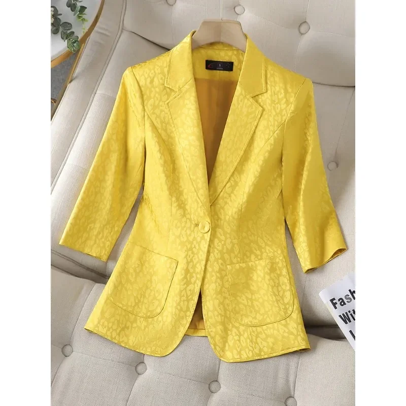 Blazer Formal de media manga para mujer, chaqueta azul marino, amarillo, un solo botón, ropa de trabajo de negocios, verano y primavera