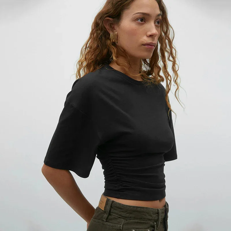 

Summer 2025 Elegant Women Solid White T-Shirt Casual O-Neck Ruched Design Loose Fit Crop Tee Y2K Office Lady Streetwear Top New