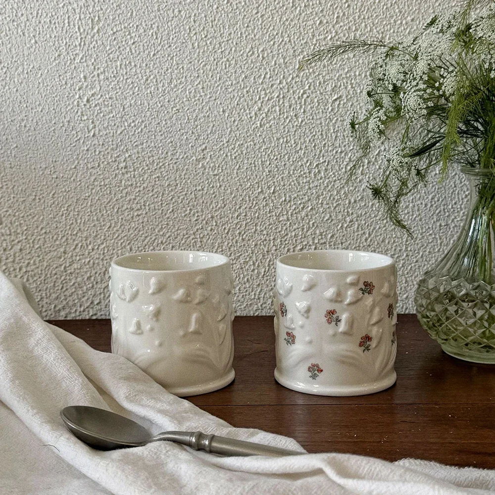 French Style Floral Relief Ceramic Cup Delicate High Grade Porcelain Household Round Drinkware Afternoon Tea Milk Coffee Cups