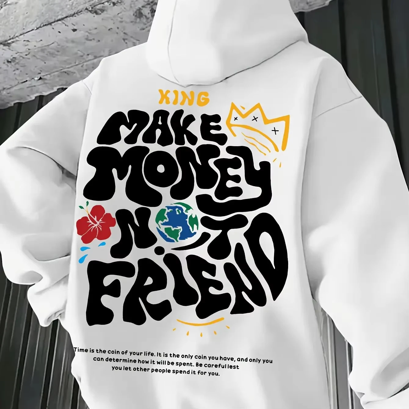 2026 Bubble Graffiti Font _Make Money  Not Make Friends_ Crown Earth Flower Print Men's Hoodie Inspiratio