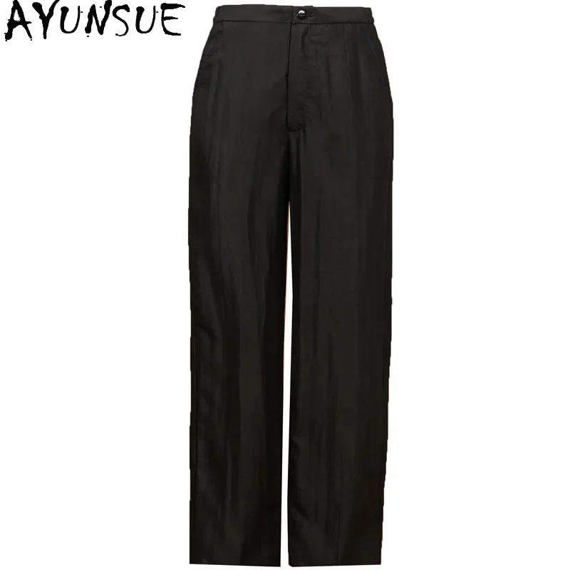 

AYUNSUE 100% Mulberry Silk Womens Trousers New Spring Summer Women Clorhing Casual Black Pants Straight Ankle-Length