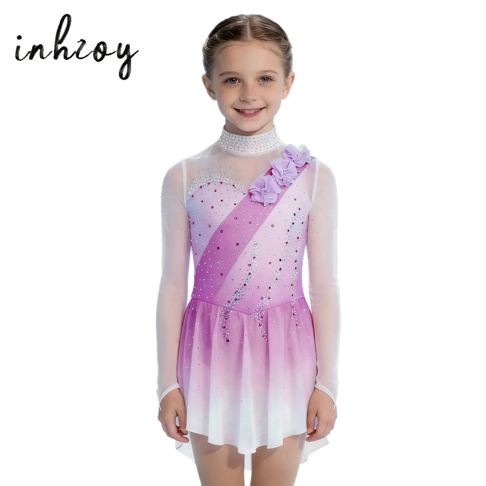 

Kids Girls Figure Skating Dress Lyrical Dance Dresses Sheer Mesh Patchwork Long Sleeves Flowers Rhinestones Gradient Color Dress