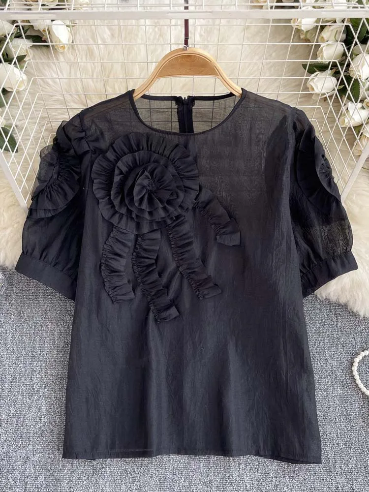 Design Women's Three-dimensional floral tops O-neck short puff sleeve T-shirt Streetwear 2054 Summer Sheer shirt INKEO 4T089