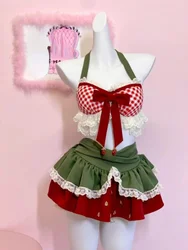 Summer Japanese Sweet Lolita 2 Piece Set Women Kawaii Bow Lace Halter Neck Crop Tops Mini Cake Skirts Female Beach Outfits New