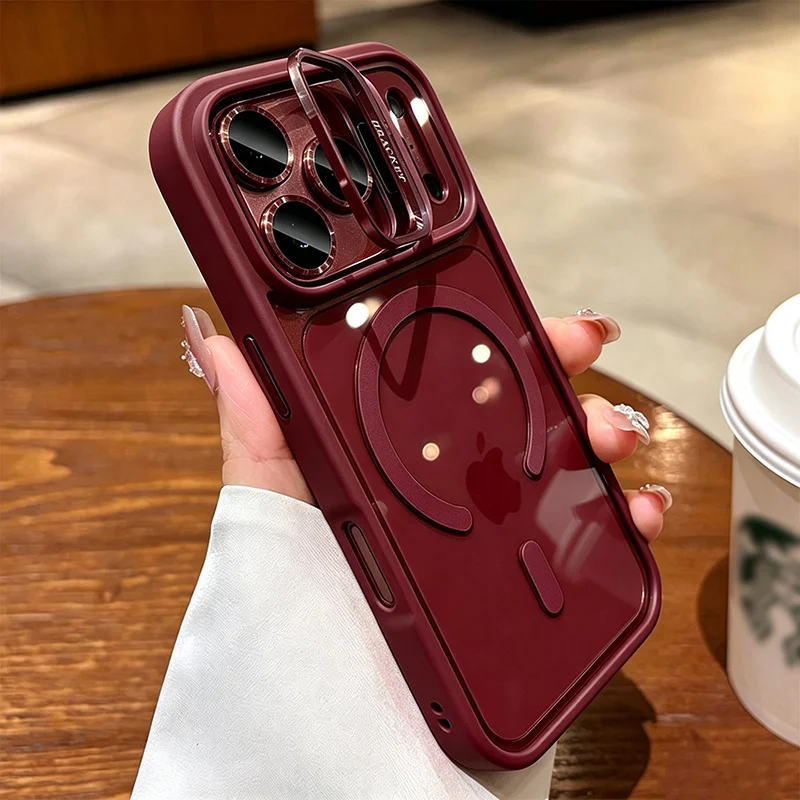 Metal Bracket Phone Case for IPhone 18 17 16 15 14 13 12 11 Pro Max Lens Film Protection Transparent Shockproof Magnetic Cover