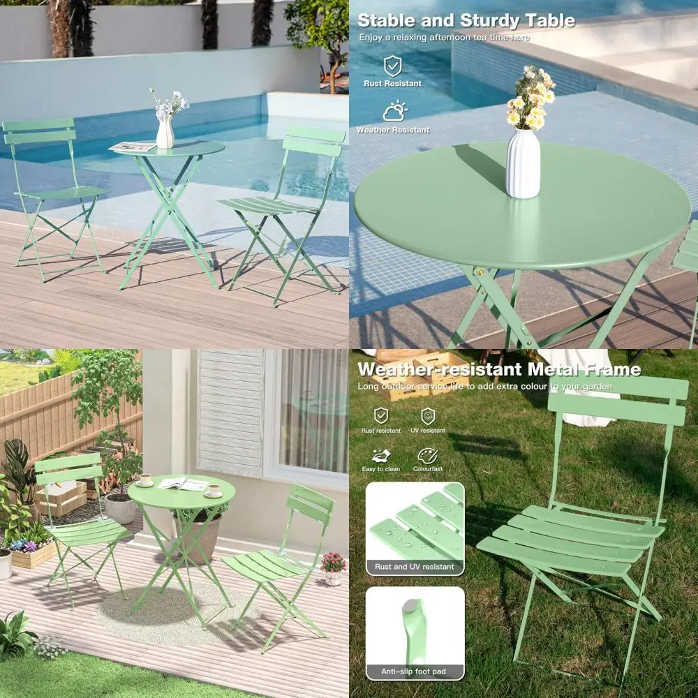 مجموعة أثاث الفناء الخارجي: طاولة وكراسي بيسترو قابلة للطي مكونة من 3 قطع، مثالية للحديقة والشرفة وجانب حمام السباحة باللون الأخضر