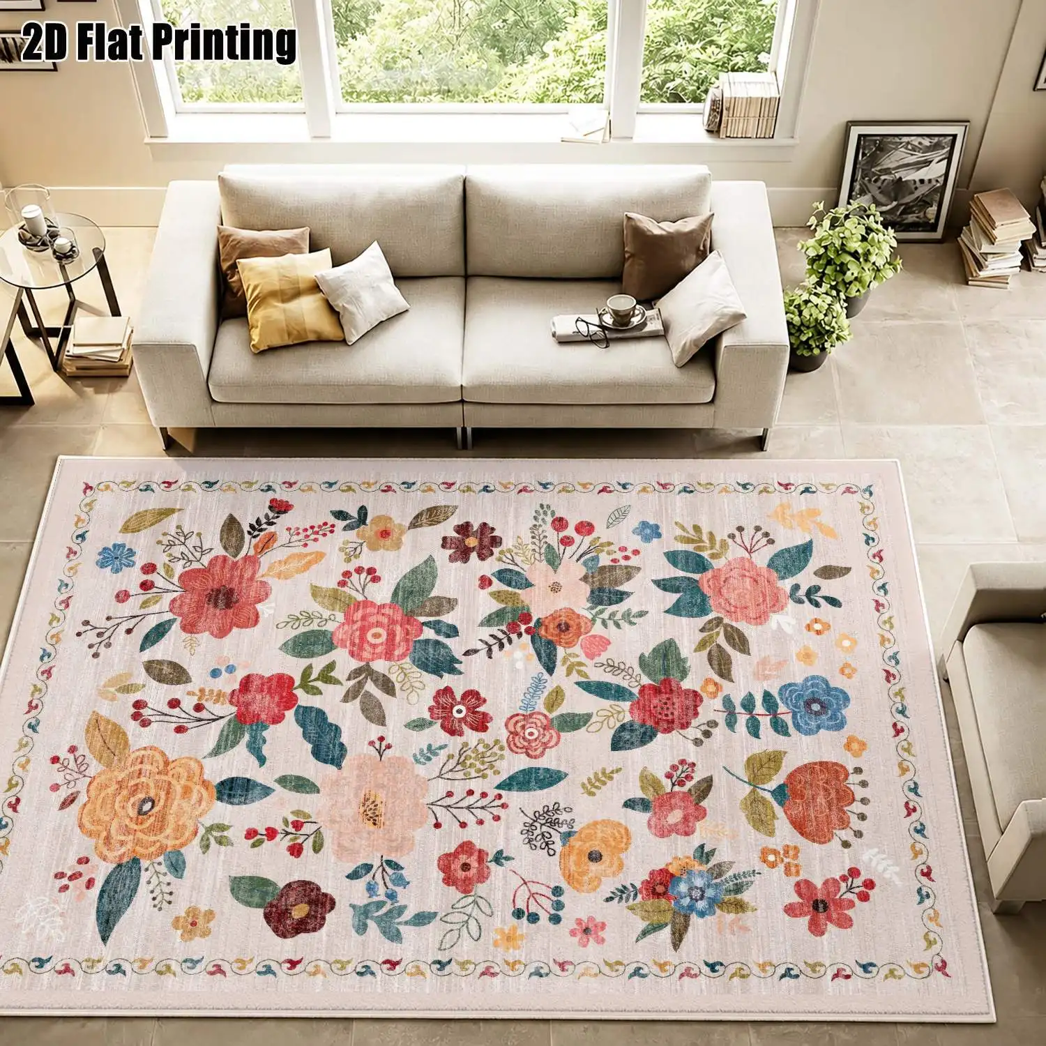 1Pc 2D Printed Floral Velvet Carpet, Nordic/European/Bohemian/Modern Minimalist/Instagram Style Floor Mat, Home Decor, Multi-Size, Machine Washable, for Entrance, Dining, Foyer, Living Room, Bedroom, Study