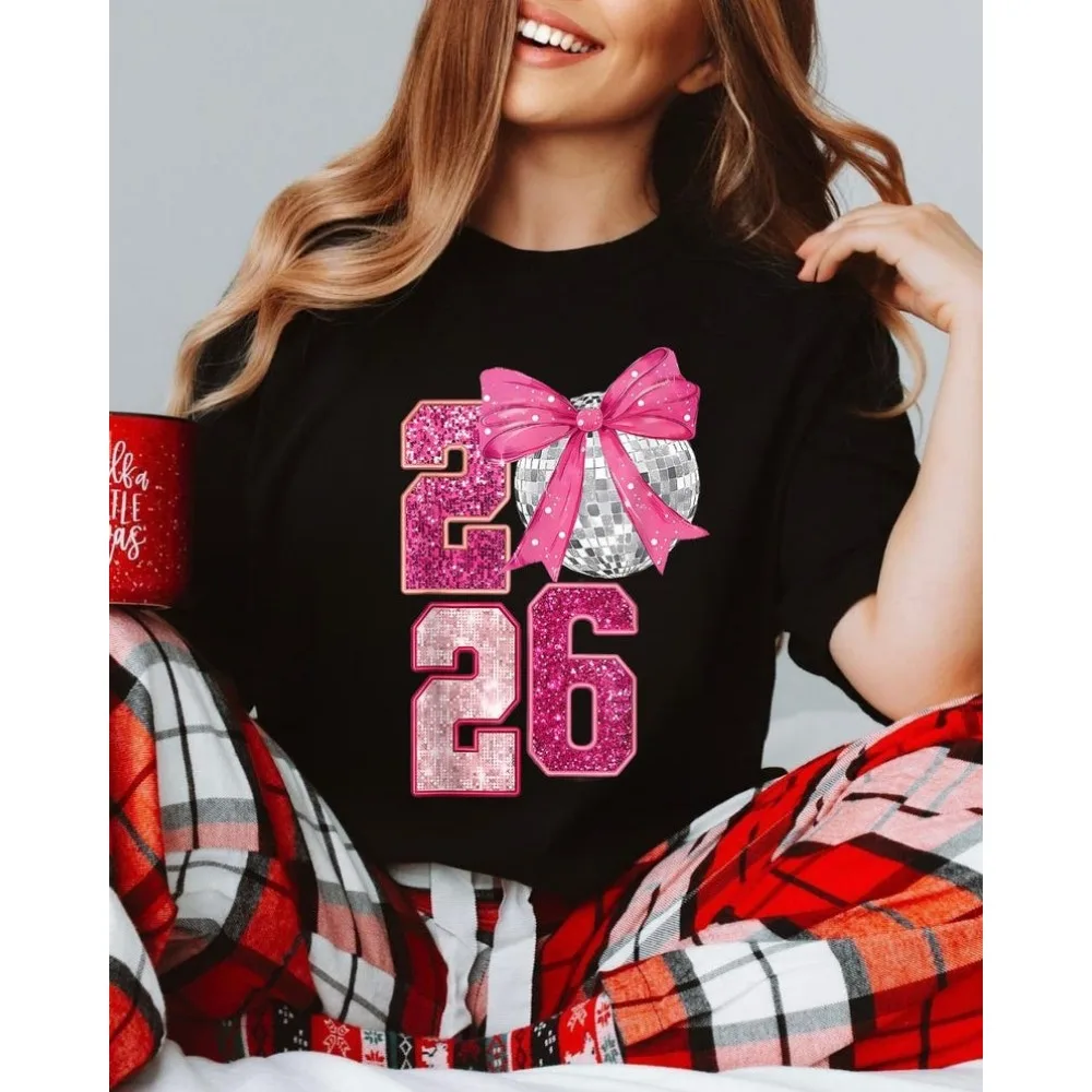Pink New Year 2026 T-Shirt Retro Disco Ball Y2k Accessories T Shirt Women Clothes Gothic Aesthetic Cotton Tees