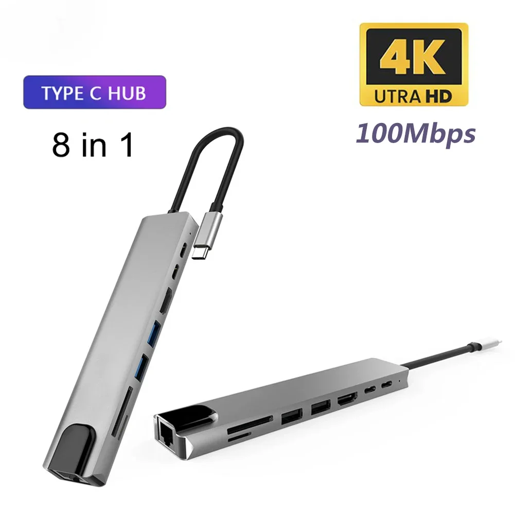 

USB-C 8in1 Hub Thunderbolt3 Type-C To 4K HD TF/SD Card Slot USB RJ45 100M Ethernet Adapter with PD Charging for Macbook Laptop