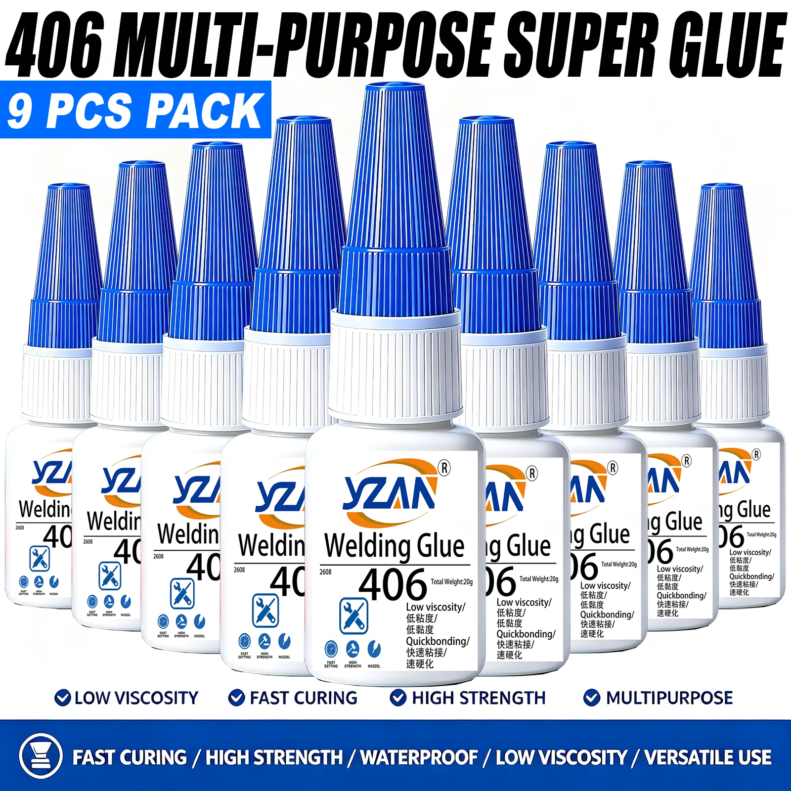 Super Glue 406 Instant Adhesive 9Pcs 20g Fast Curing High Strength Waterproof Multipurpose Welding Glue for Metal Wood Plastic