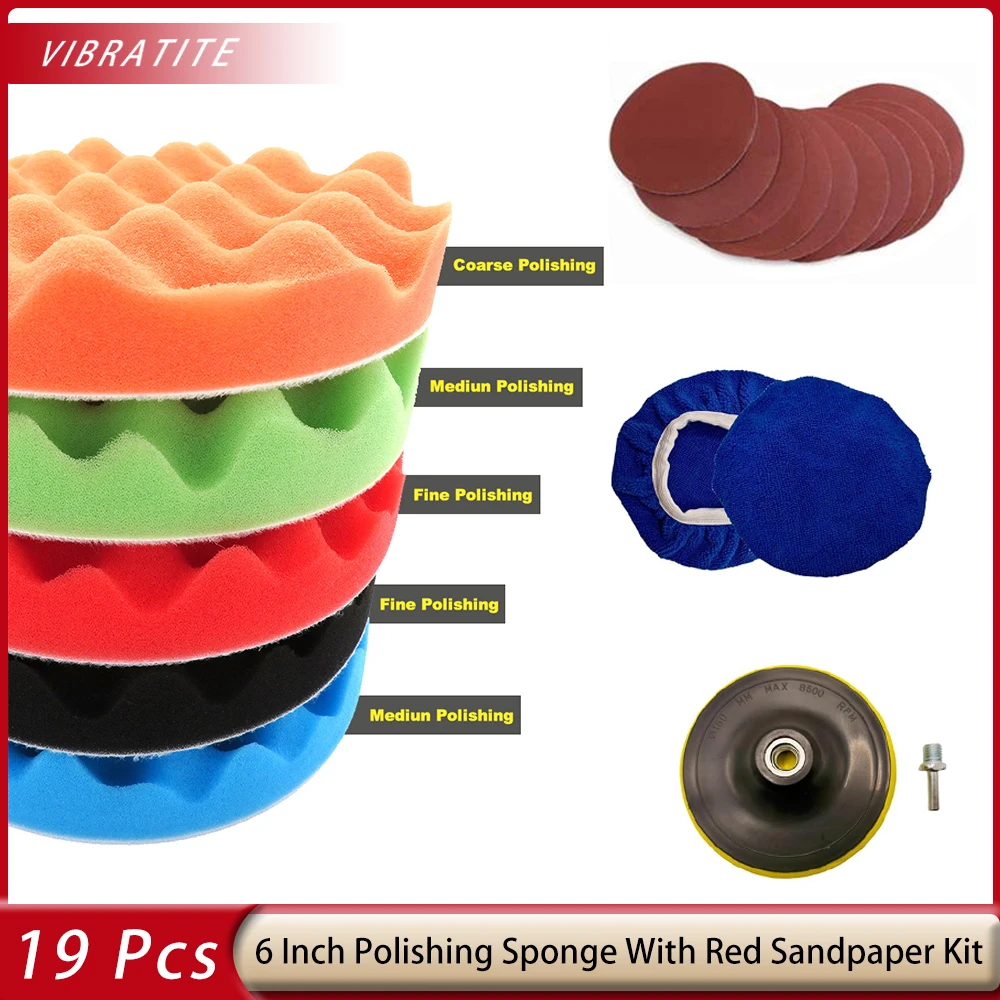 19 Pcs 6 Inch Sponge Sandpaper With Sanding Pad Set With Cloths Wave Sponges  (400-2000Grit M14 Sanding Pad M14 Rod for Sanding