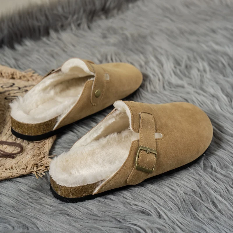 Zuecos forrados de piel Comwarm para Mujer y hombre, zapatillas de corcho peludas de invierno, mulas de corcho de piel, zapatos cortos de corcho de casa de felpa, Zuecos de invierno para Mujer