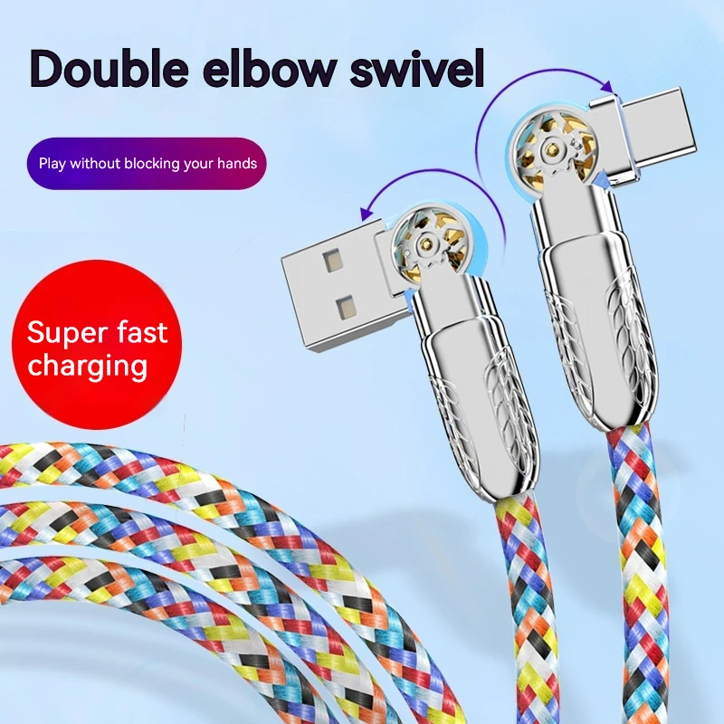 Fast Charging Cable Double Elbow Rotation USB A to Type C Micro USB Cable With Light Zinc Alloy Head Colorful Braided Data Cable