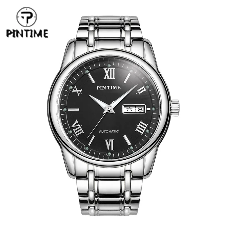PINTIME Casual Men's Automatic Mechanical Watch Week And Date Dual Calendar 30m Waterproof Stainless Steel Strap Wristwatch