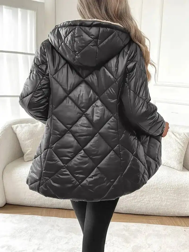 Winter Outerwear Long Sleeve Diamond Pattern Cotton Jacket Women's Elegant Commute Style Thickened Polyester Fiber Coat