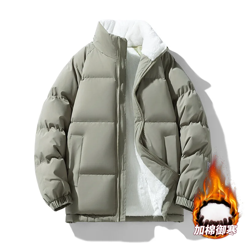 Winter Lamb Fleece Bread Jacket Thick Cotton Jacket for Men Stand Up Collar Couple's Cotton Jacket Warm Plus fleece coat