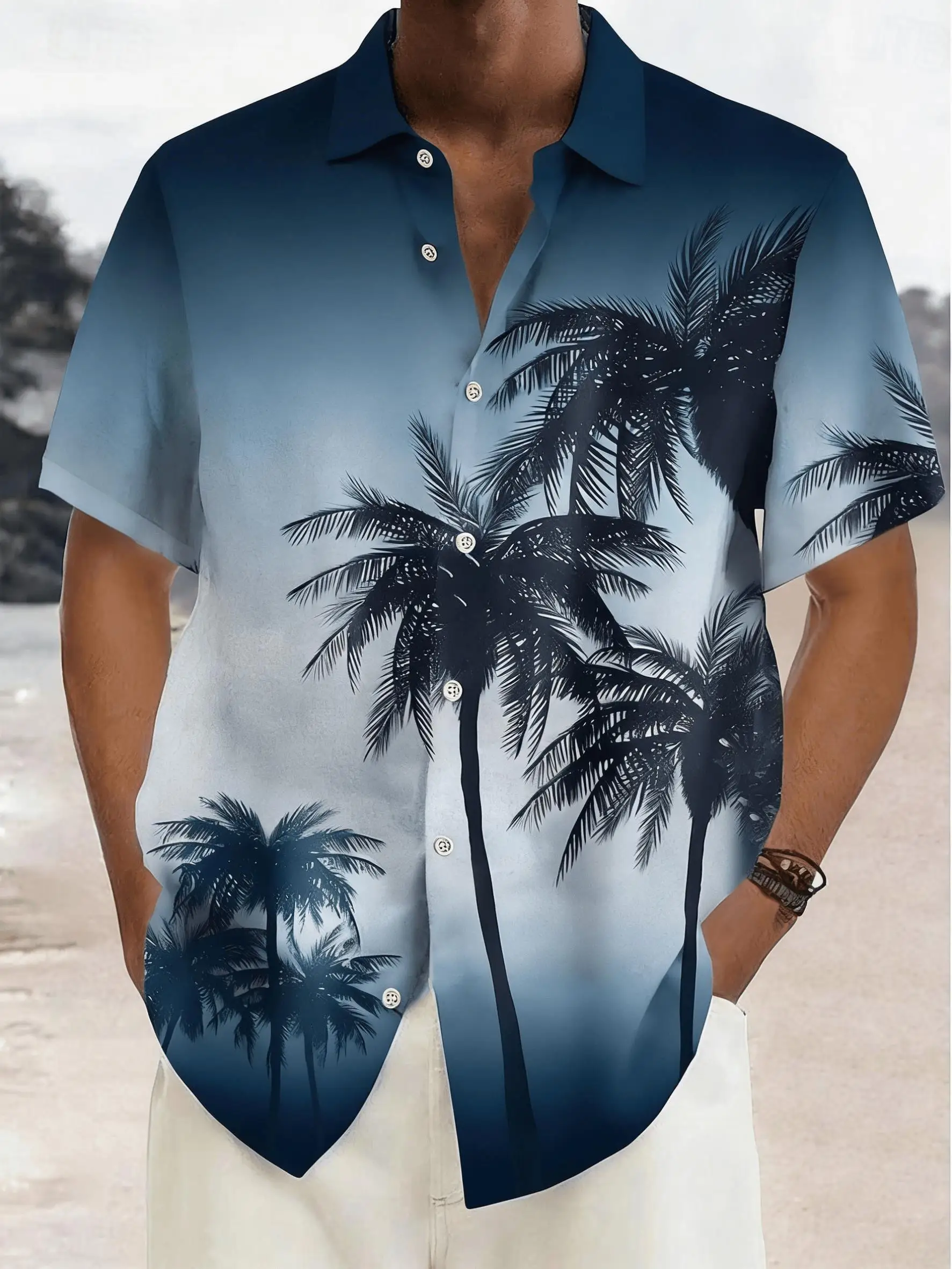 Men's Gradient Coconut Tree Silhouette Print Short Sleeve Shirt, Spring Summer Serene Vacation Casual Top, Pocket Lapel Style