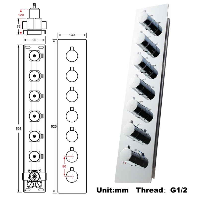 high flow 6 way solid brass concealed wall mount mixing thermostatic shower valve with diverter