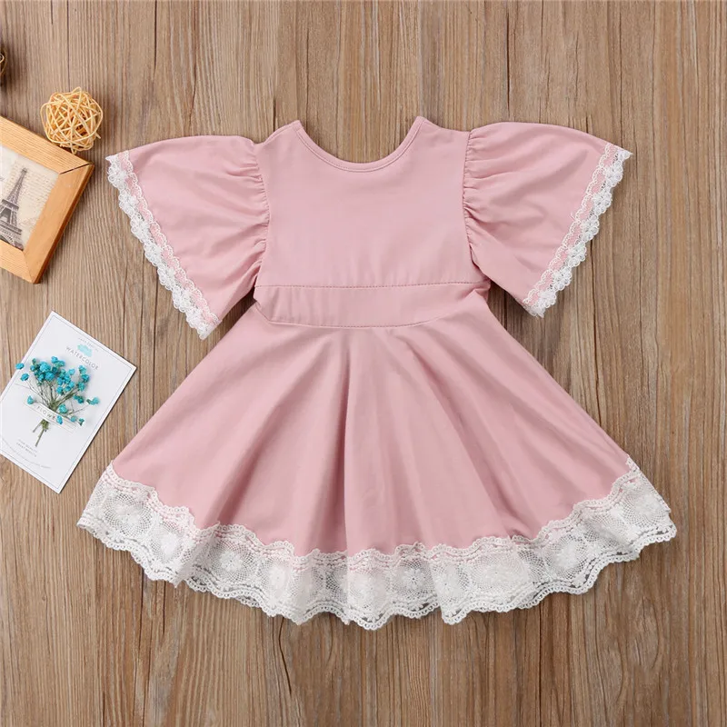 New Fashion Summer Children's Princess Dress With Lace Flower Short Sleeves Dress For Baby Girl Party Dress Kids Casual Clothing