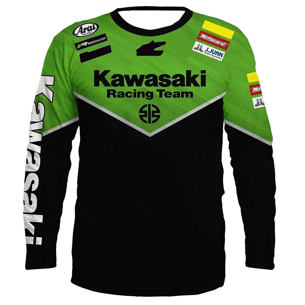 

Summer Men's Round Neck Long Sleeved T-Shirt Kawasaki Motorcycle Print Breathable Quick Drying Sports Comfortable Sports Top