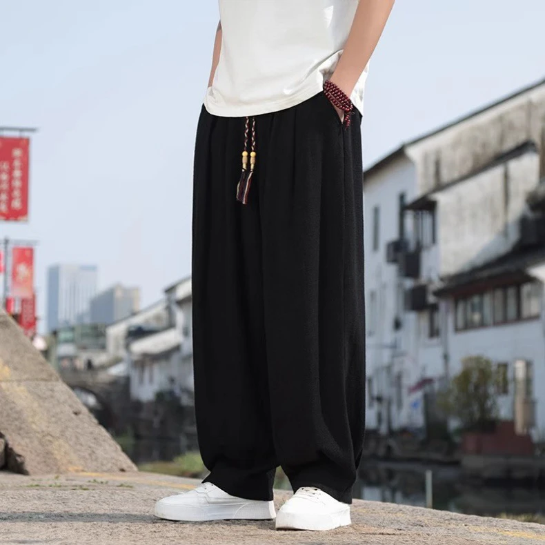 

Высококачественные льняные мужские широкие брюки прямого кроя свободного покроя повседневные брюки молодежные весенне-летние длинные брюки чистый цвет