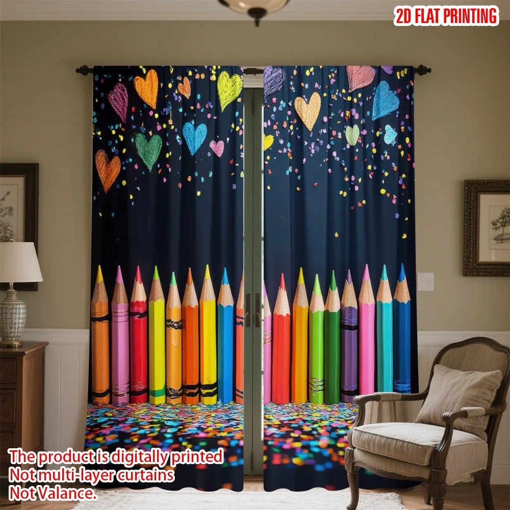 

2D flat printing 2pcs Window Curtains Colorful Pencils and Hearts Digital Printed Polyester Drapes Birthday Party for Photo