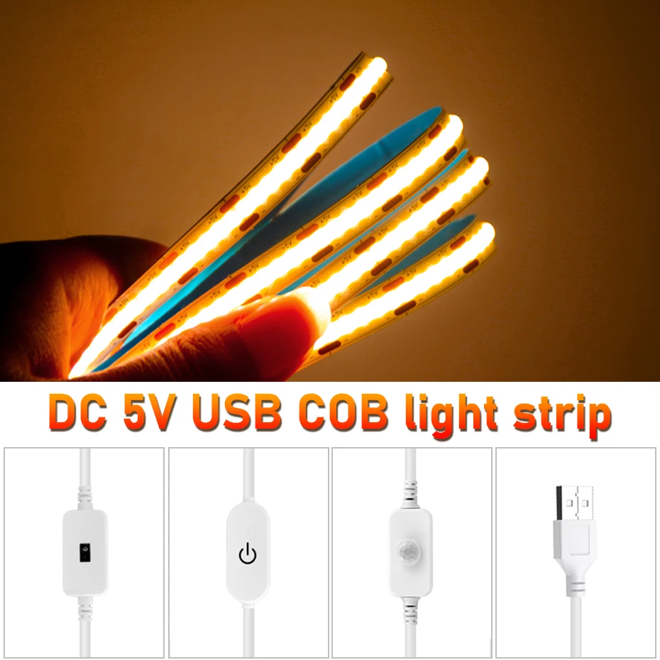 

USB 5V COB LED Strip Lights 300LEDs/m Dimmable Adhesive Tape 1m 2m 3m 4m 5m Flexible Ribbon with Motion/Touch/Hand Sweep Sensor