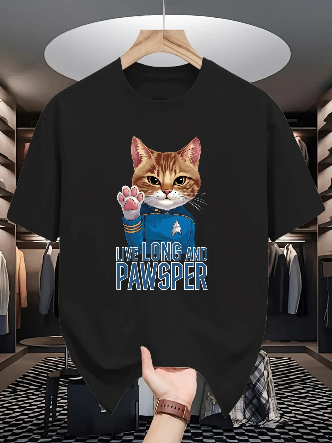 Men White Crew Neck Tee Tabby Cat In Star Trek Uniform Wave Paw Live Long And Pawsper Pun Funny Pet Sci Fi Casual Cotton Tops