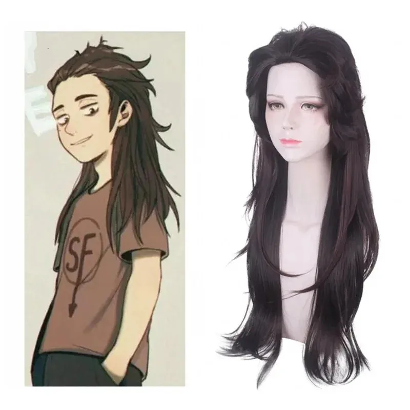 Morematch Game Sally face Sallyface Ларри Косплей Парик 70 см Длинный Зачесанный назад Коричневый Смешанный Жаростойкий Парик Парик Кепка