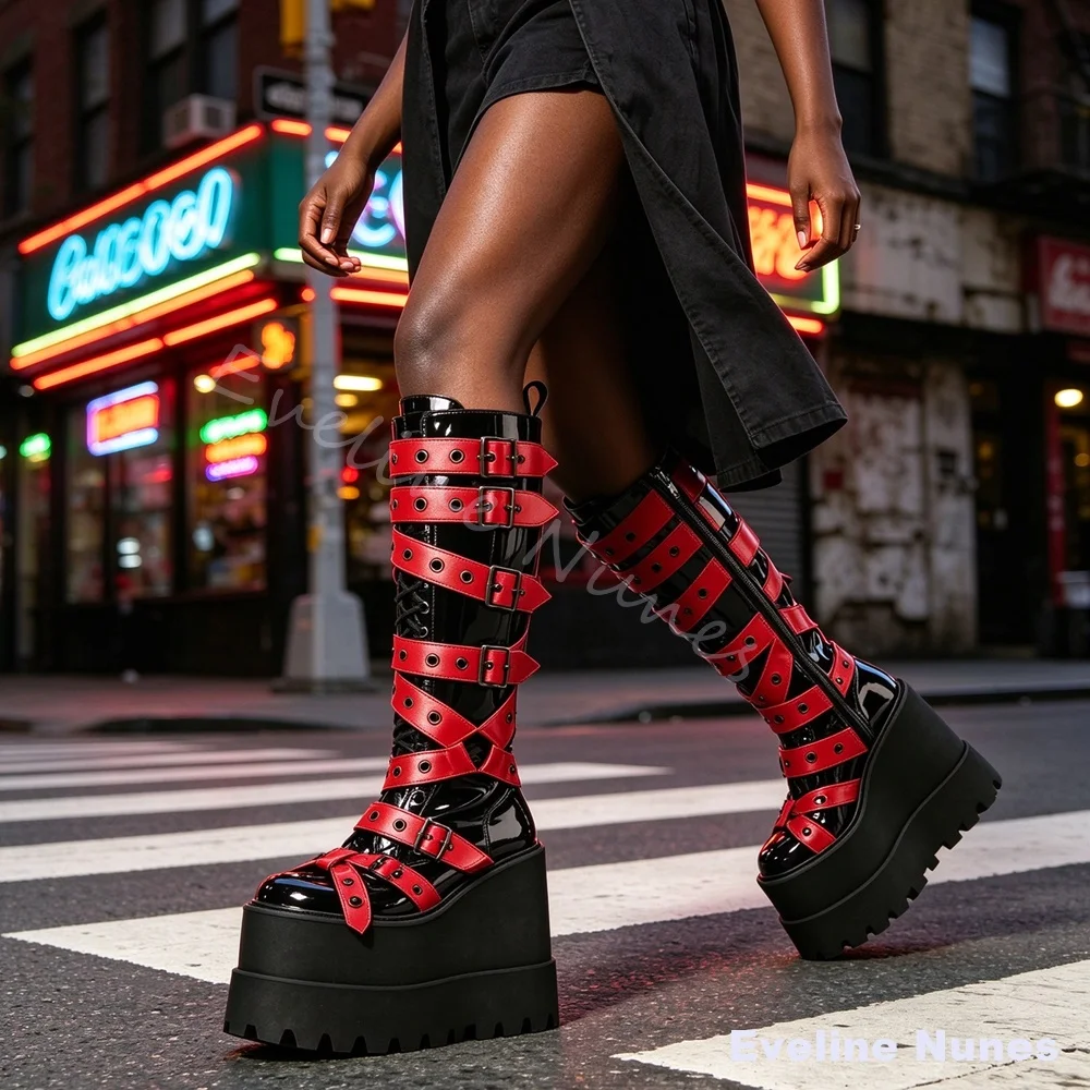 Multi Red Buckle Straps Platform Boots Women Punk Goth Glossy Black Patent Leather Knee High Boots Y2K Halloween Cos Party Boots