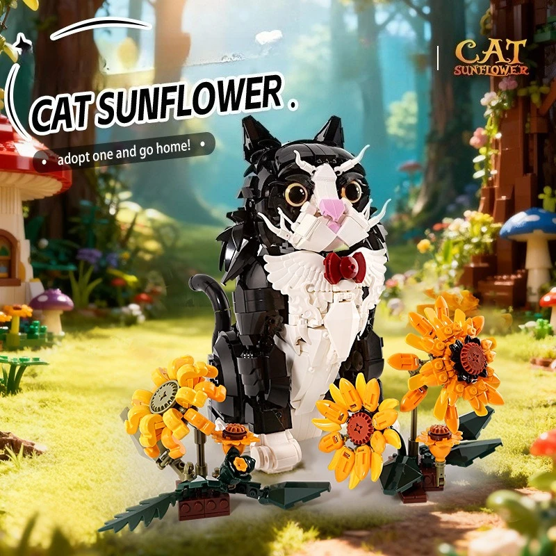 

Sunflower Black Cat Model Building Blocks Set Assembled Animal Cats Decoration Educational Toys DIY Mini Bricks Holiday Gifts