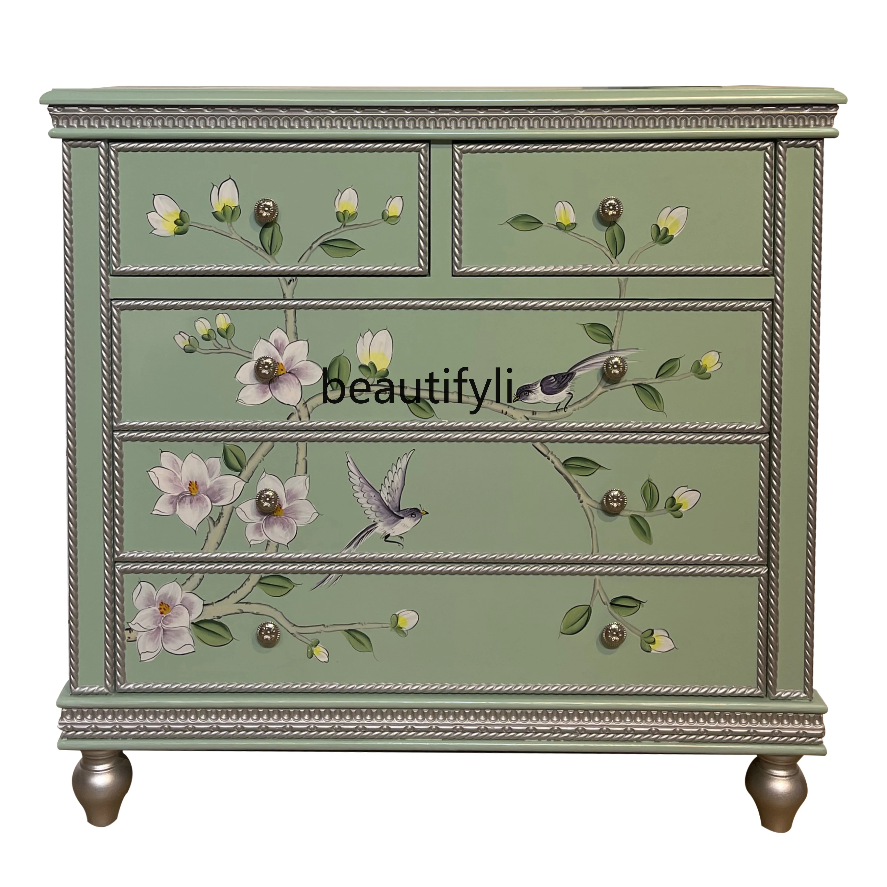 

American-Style Solid Wood Home Living Room Simple Entrance Cabinet Vintage Locker Painted Decorative Chest of Drawers Bedroom