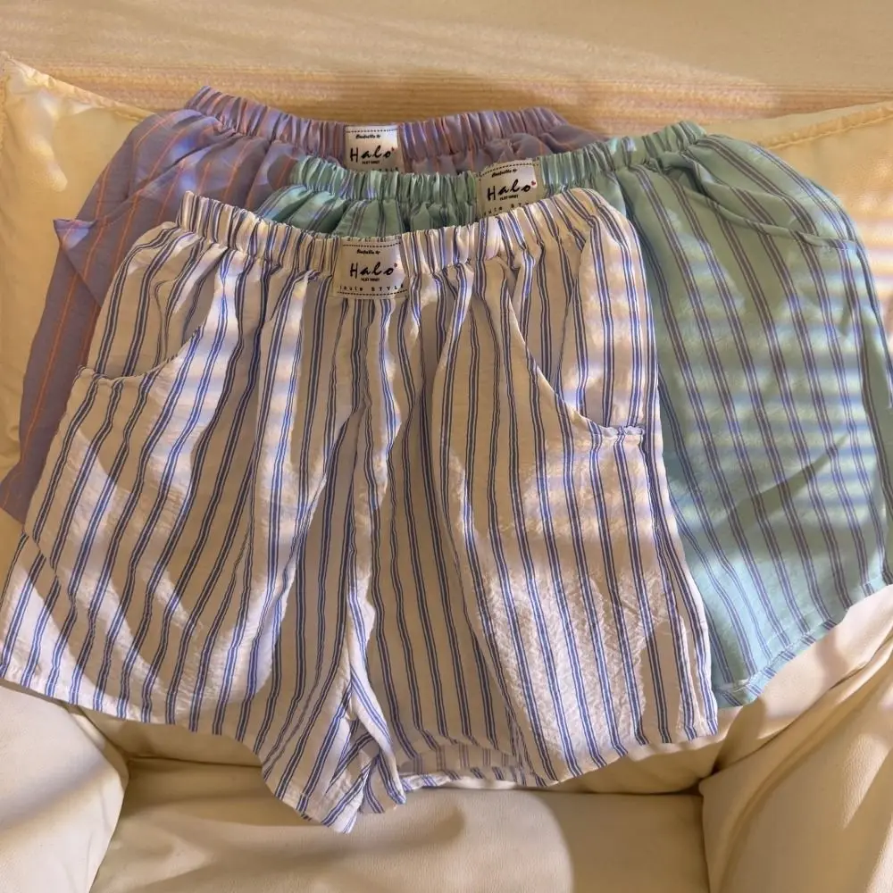 Damskie szorty na wiosnę i lato, uniwersalne, codzienne, eleganckie, z wysokim stanem, w paski, luźne, z kieszeniami, cienkie, dla dziewczyn.