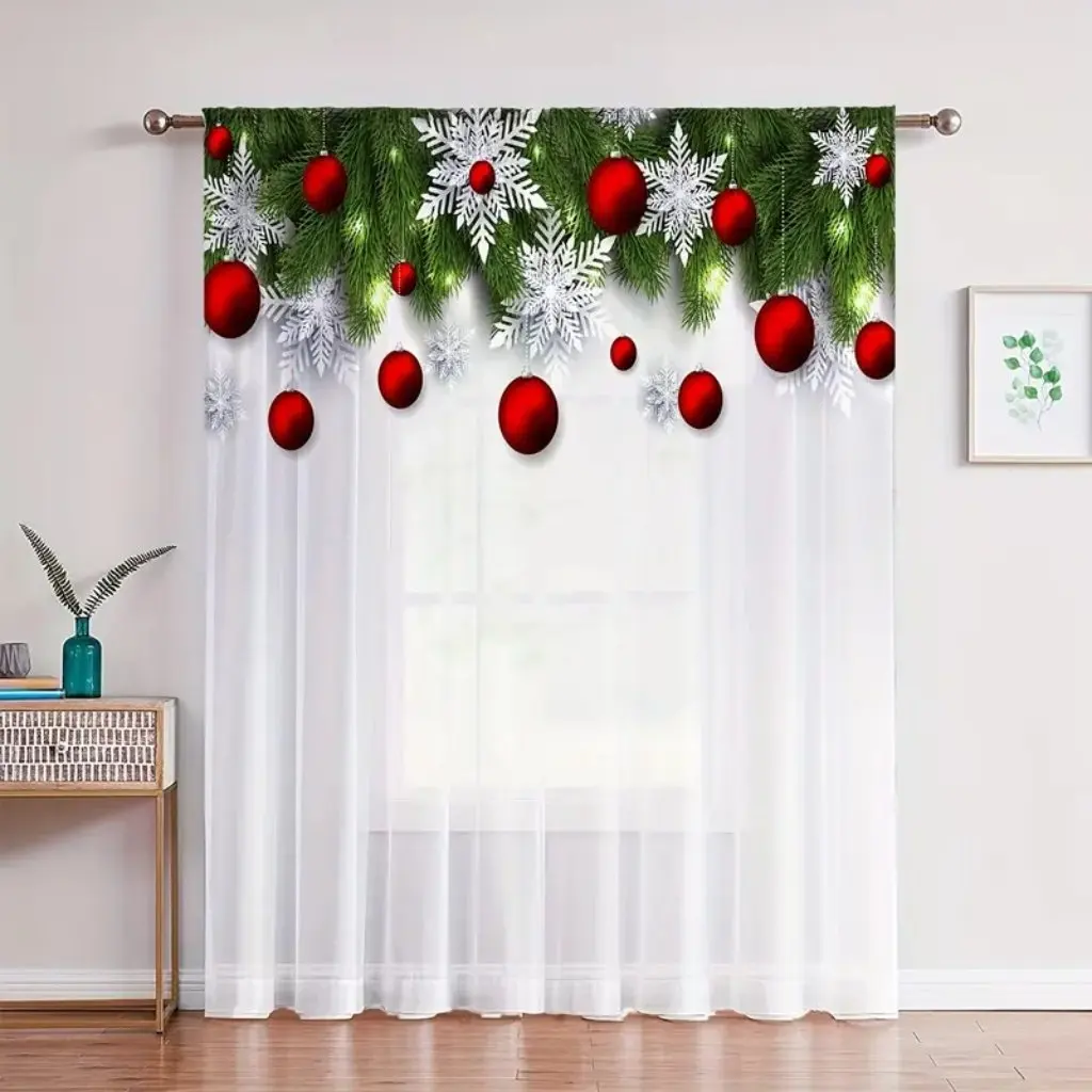 2panel New Leaf Balloon Pattern Curtain Christmas Holiday Decoration Rod Pocket Sheer Curtains For Living Room Bedroom Home Deco