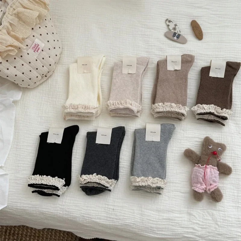 Korean Lace Socks Loose Cuffs Ballet Style Sweet Girls Double Needle Cotton Janpense Autumn Outfit Designer Socks Women Laciness