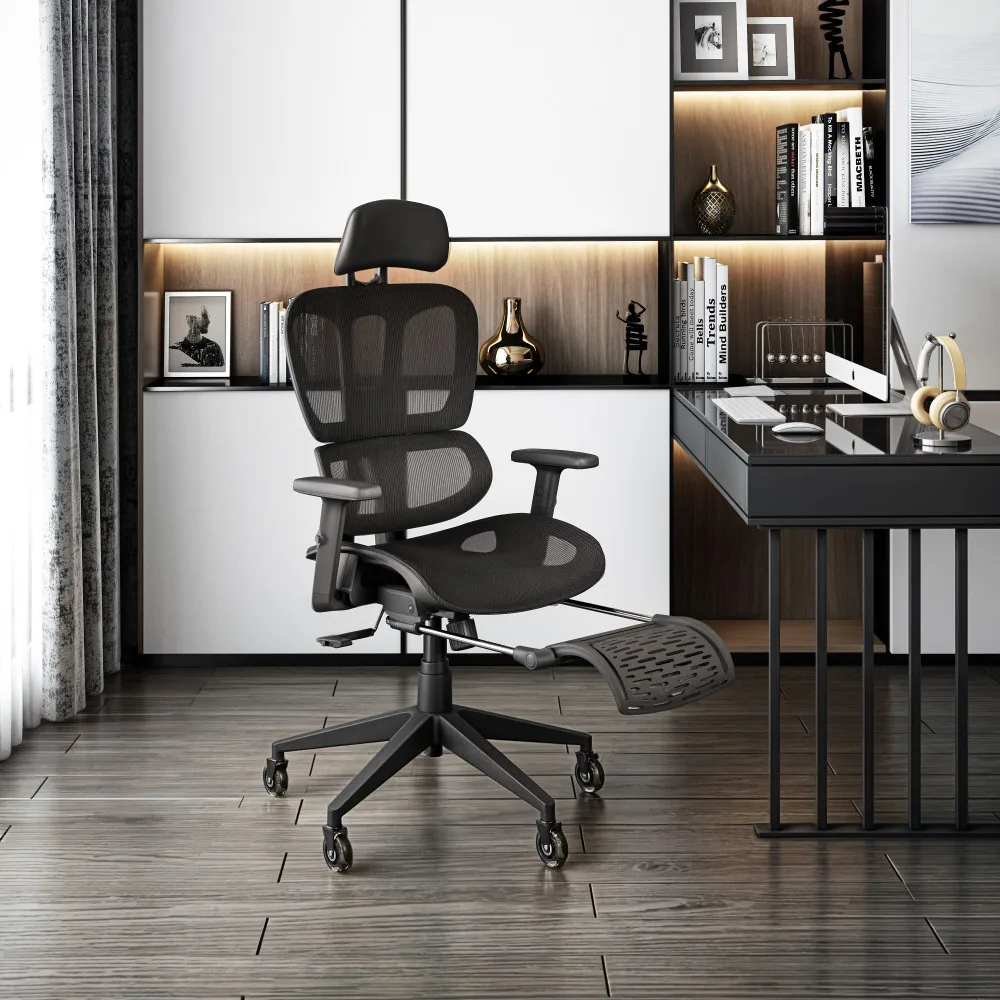 Reclining Ergonomic Mesh Office Chair Lumbar Support And Footrest 110 Degree Synchro Tilt Adjustable Height Open Back Office
