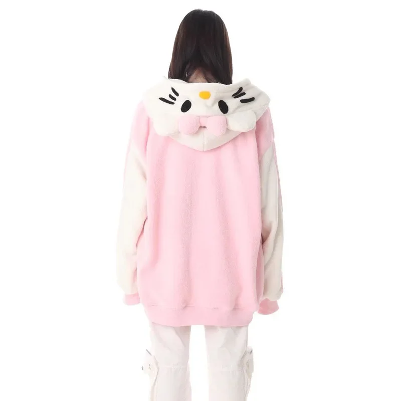 Sanrio Hello Kitty Plush Jacket Women Autumn Winter Korean Long Sleeve Hooded Coat Thick Warm Couple Streetwear Outerwear Gifts