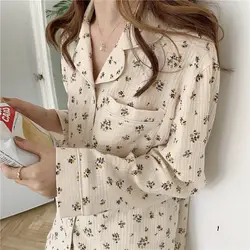 New Women's Rustic Style Floral Lapel Cardigan Pajamas Loungewear   Ladies Imitation Cotton Wrinkled Fabric Girl Sweet Set Women