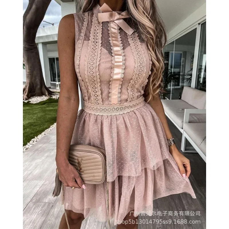 Elegant 2025 Sleeveless O Neck Bow Mesh Corset Tierred Ruffle Pleated Mini Dress Sexy Women Lace Cut Out Evening Party Dress