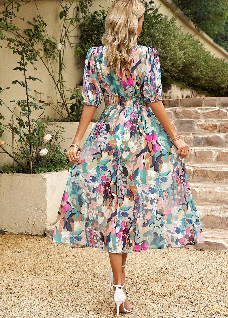 2025 ฤดูร้อน Chic V คอชีฟองดอกไม้ Maxi ชุด Cinched เอว Elegant Beach Party Fiesta ชุด Vestidos