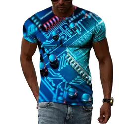 New Tide Summer Fashion Circuit Board Picture T-shirts Casual Print Tees Hip Hop Personality Round Neck Short Sleev Tops