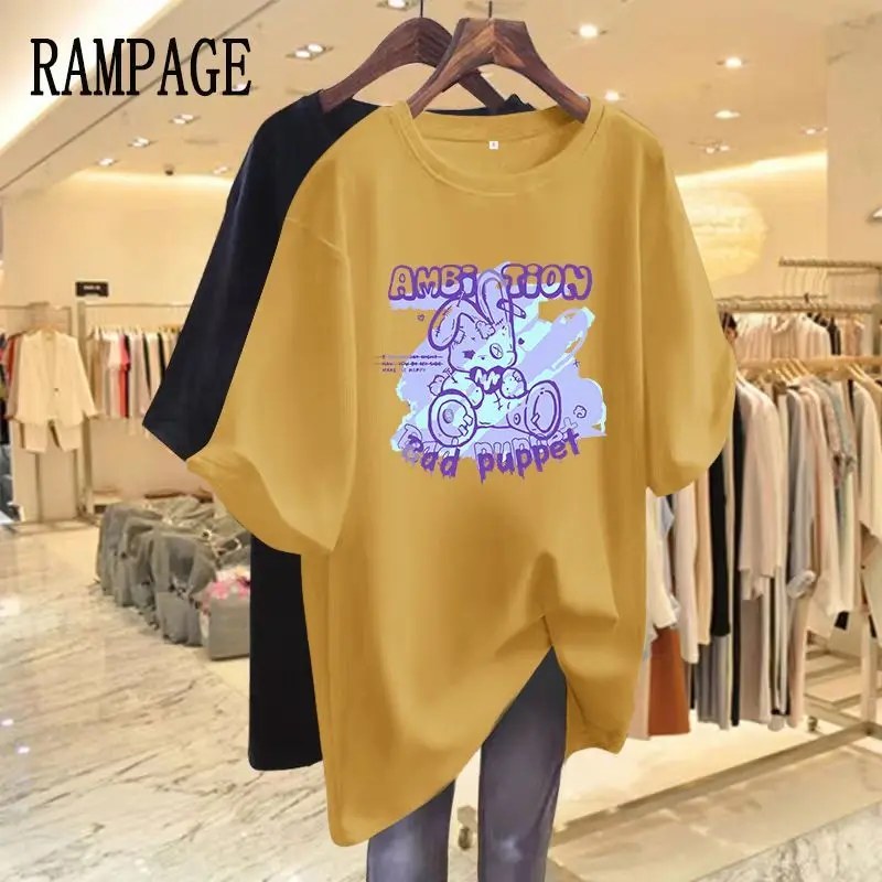 

Women Loose Casual Pullover Summer Short Sleeve Letter Chic Cartoon Printed Tee Shirt Lady M-6XL Pure Cotton O-neck Basics Tops