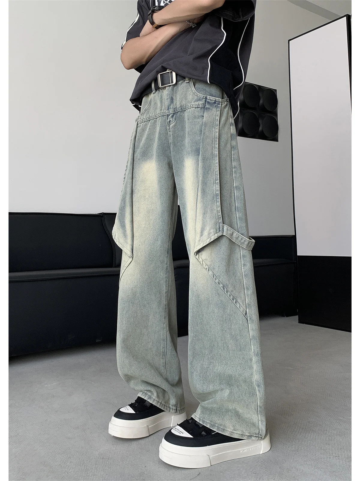 

American Decosition Splicing Jeans Men's Trendy Vintage Design Loose Yellow Mud Color Workwear Casual Long Pants